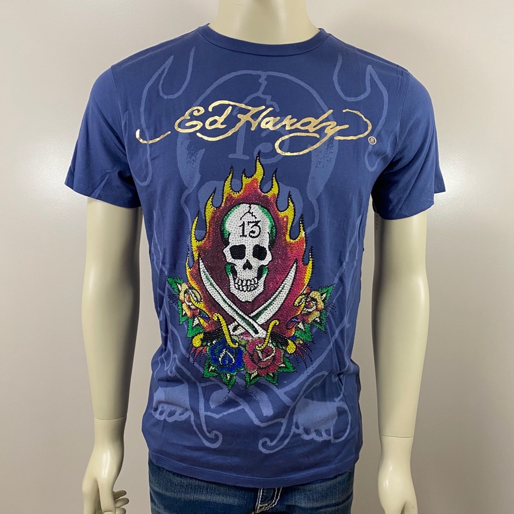 Ed Hardy Men Flaming Swords Blue Rhinestone Shirt